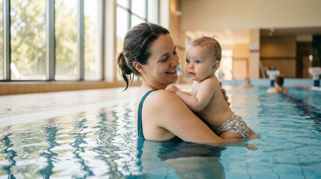 Mor holder sin baby i et varmt svømmebassin — babysvømning efter kejsersnit