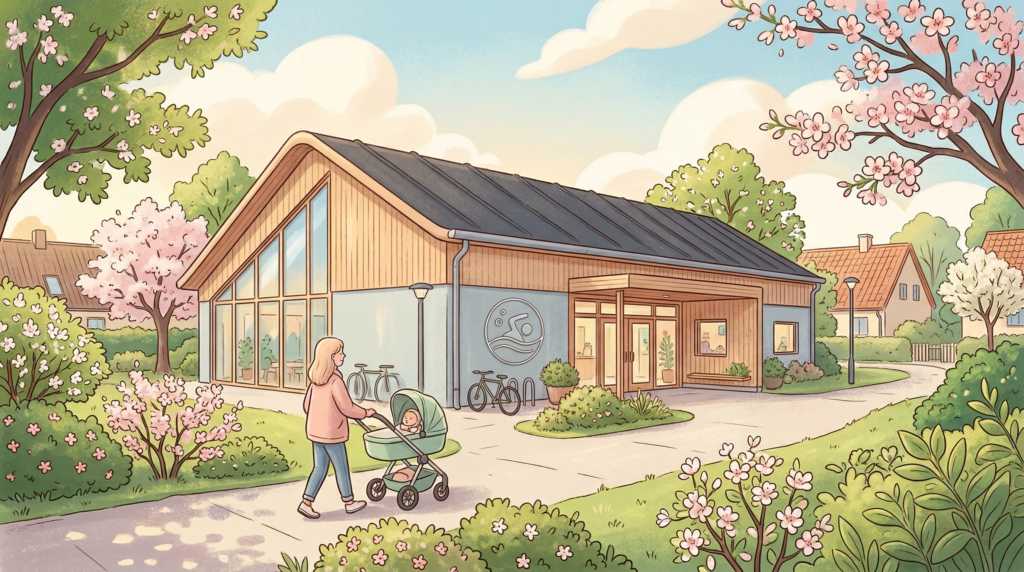 Illustration af forælder med barnevogn foran en svømmehal i grønt kvarter — babysvømning i Frederiksberg