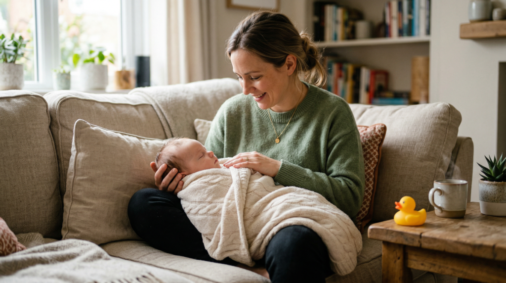 Forælder holder ømt om sin baby i sofaen — sygdom og babysvømning